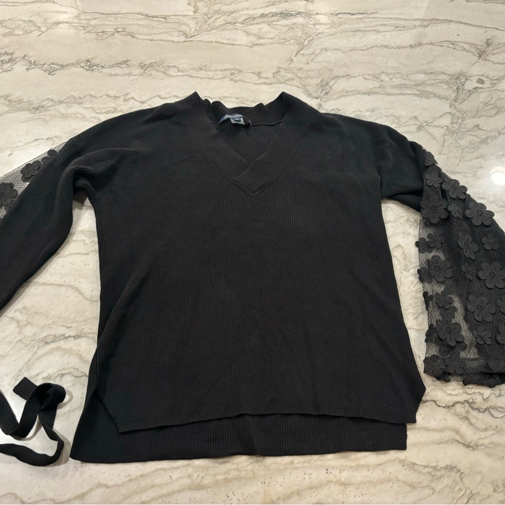 French Connection Black Ribbed Knit Sweater cabal floral lace